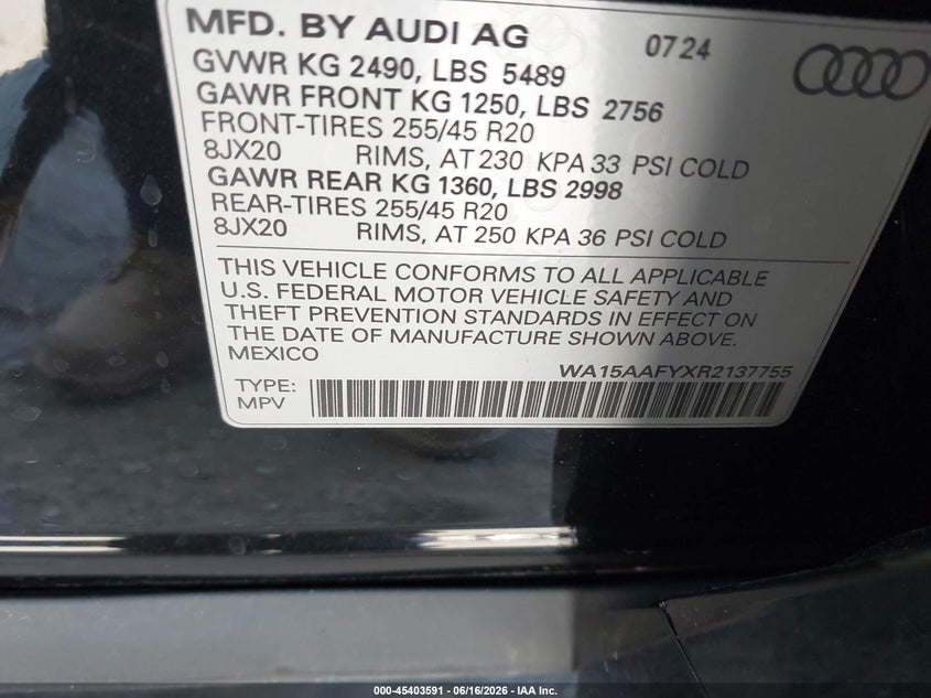 2024 Audi Q5 sportback VIN WA15AAFYXR2137755 IAAI salvage auction — FRONT END, Salvage (California), sold $6,650 on 2026-07-20 (photo 9)