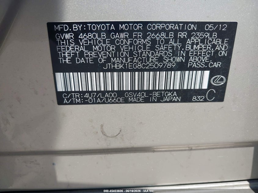 2012 Lexus ES VIN JTHBK1EG8C2509789 IAAI salvage auction — NORMAL WEAR, Duplicate Paperwork (California), sold $800 on 2026-07-14 (photo 9)