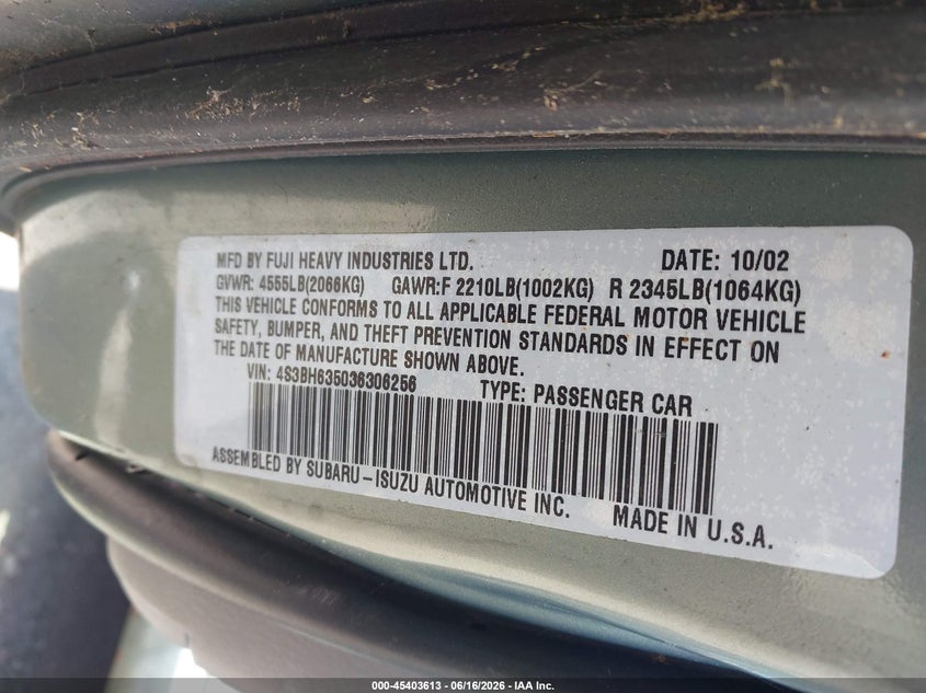 2003 Subaru LEGACY VIN 4S3BH635036306256 IAAI salvage auction — NORMAL WEAR, Clear (New Jersey), sold $425 on 2026-07-09 (photo 9)