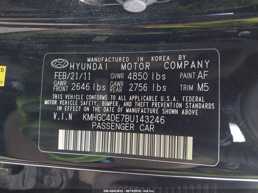 2011 Hyundai Genesis VIN KMHGC4DE7BU143246 IAAI salvage auction — FRONT END, Bill Of Sale (Washington), sold $550 on 2026-07-14 (photo 9)