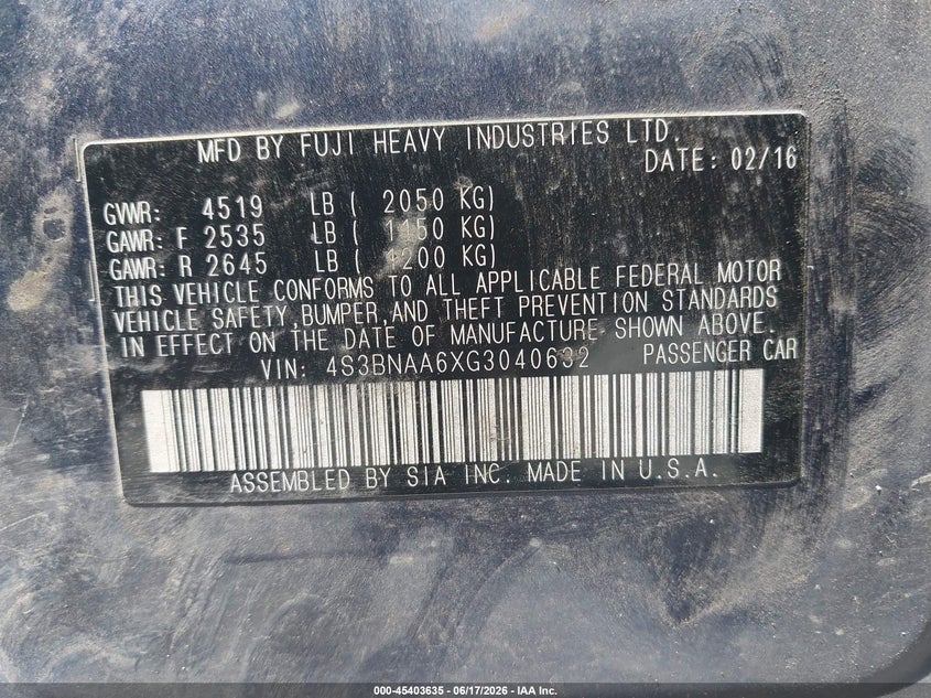2016 Subaru LEGACY VIN 4S3BNAA6XG3040632 IAAI salvage auction — REAR END, Salvage Title, sold $1,600 on 2026-07-22 (photo 9)