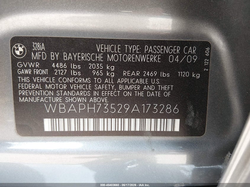 2009 BMW 3 series VIN WBAPH73529A173286 IAAI salvage auction — LEFT SIDE, Salvage (California), sold $450 on 2026-07-15 (photo 9)