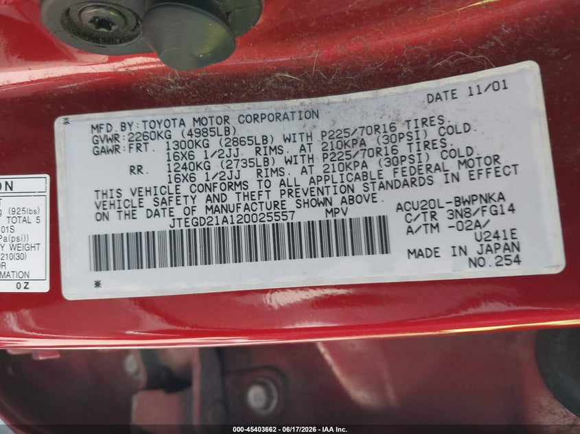 2002 Toyota Highlander VIN JTEGD21A120025557 IAAI salvage auction — NORMAL WEAR, Clear (Washington), sold $425 on 2026-07-15 (photo 9)