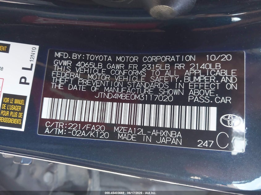 2021 Toyota Corolla VIN JTND4MBE0M3117020 IAAI salvage auction — FRONT & REAR, Salvage (California), sold $900 on 2026-07-30 (photo 9)