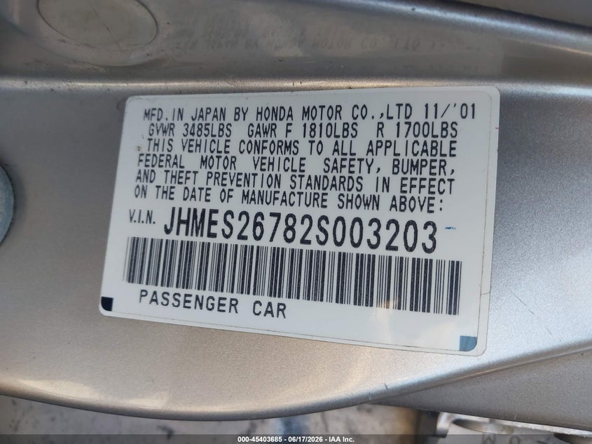 2002 Honda Civic VIN JHMES26782S003203 IAAI salvage auction — NORMAL WEAR, Clear - Dealer Only (California), sold $375 on 2026-07-09 (photo 9)