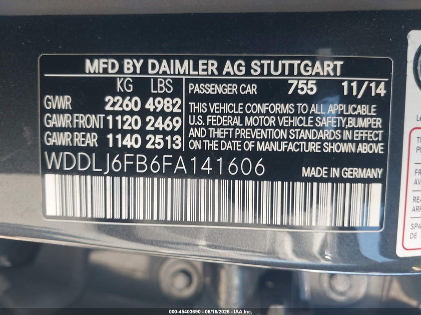 2015 Mercedes-benz Clc-klasse VIN WDDLJ6FB6FA141606 IAAI salvage auction — FRONT END, Salvage (California), sold $4,500 on 2026-08-05 (photo 9)