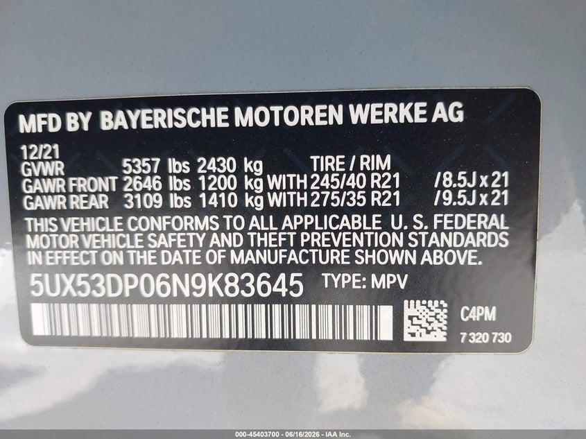 2022 BMW X3 VIN 5UX53DP06N9K83645 IAAI salvage auction — RIGHT SIDE, Salvage Title, sold $19,300 on 2026-07-23 (photo 9)