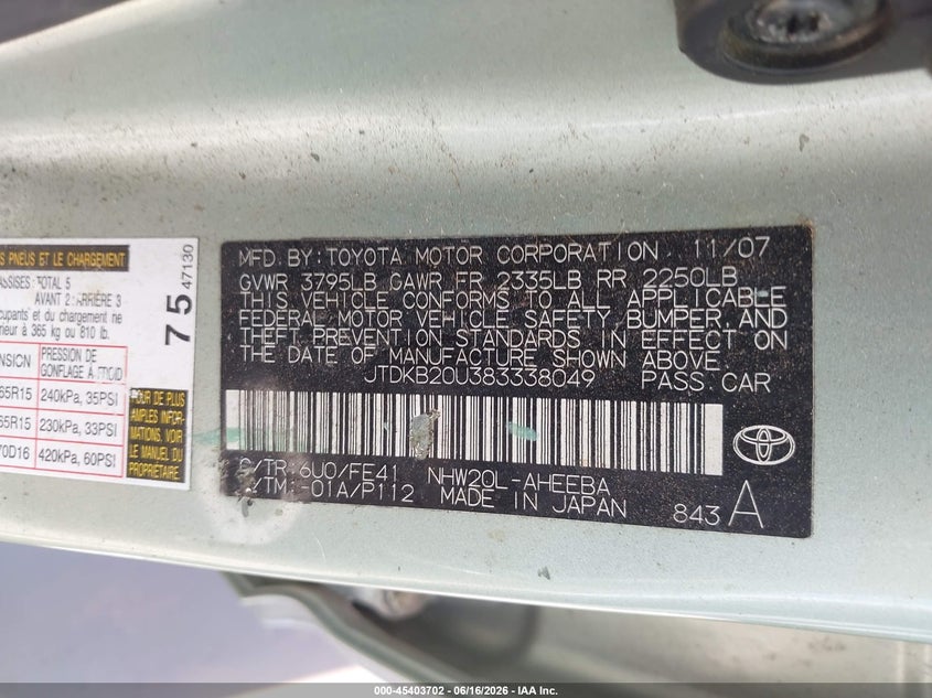 2008 Toyota Prius VIN JTDKB20U383338049 IAAI salvage auction — NORMAL WEAR, Original (Texas), sold $375 on 2026-07-28 (photo 9)