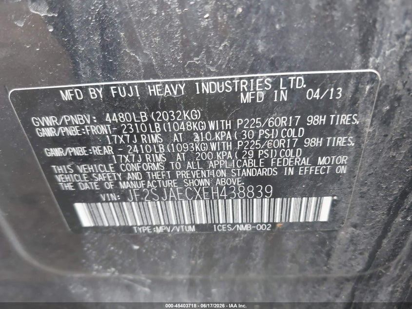2014 Subaru Forester VIN JF2SJAECXEH438839 IAAI salvage auction — NORMAL WEAR, Original (Vermont), sold $1,050 on 2026-07-17 (photo 9)