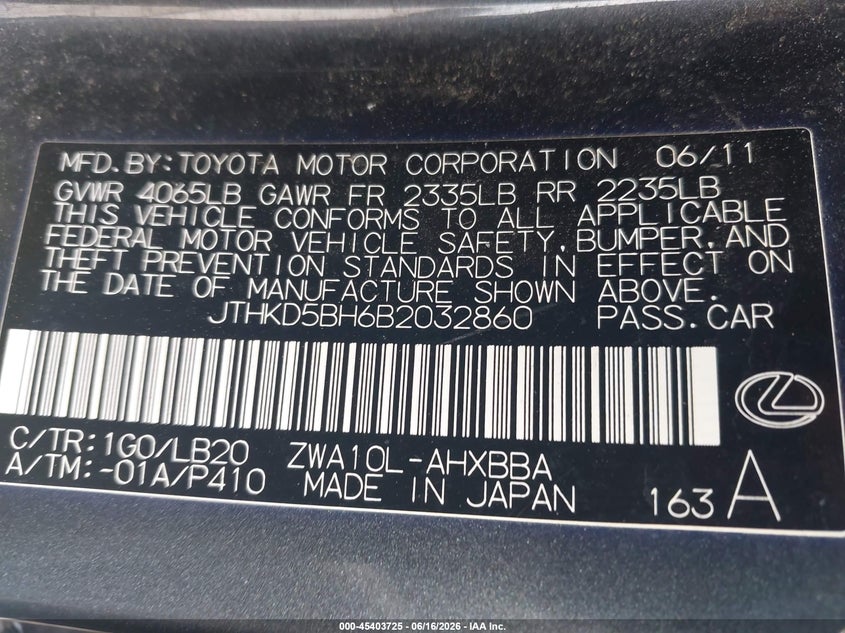 2011 Lexus Ct 200h VIN JTHKD5BH6B2032860 IAAI salvage auction — NORMAL WEAR, Clear-Endorsement (Wisconsin), sold $1,825 on 2026-07-09 (photo 9)