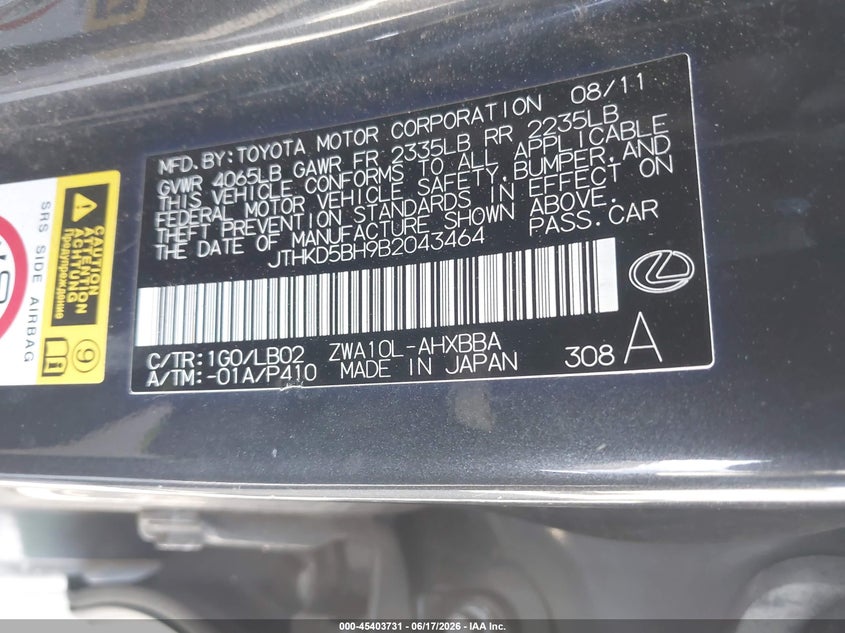 2011 Lexus Ct 200h VIN JTHKD5BH9B2043464 IAAI salvage auction — RIGHT FRONT, Salvage (California), sold $1,650 on 2026-07-09 (photo 9)