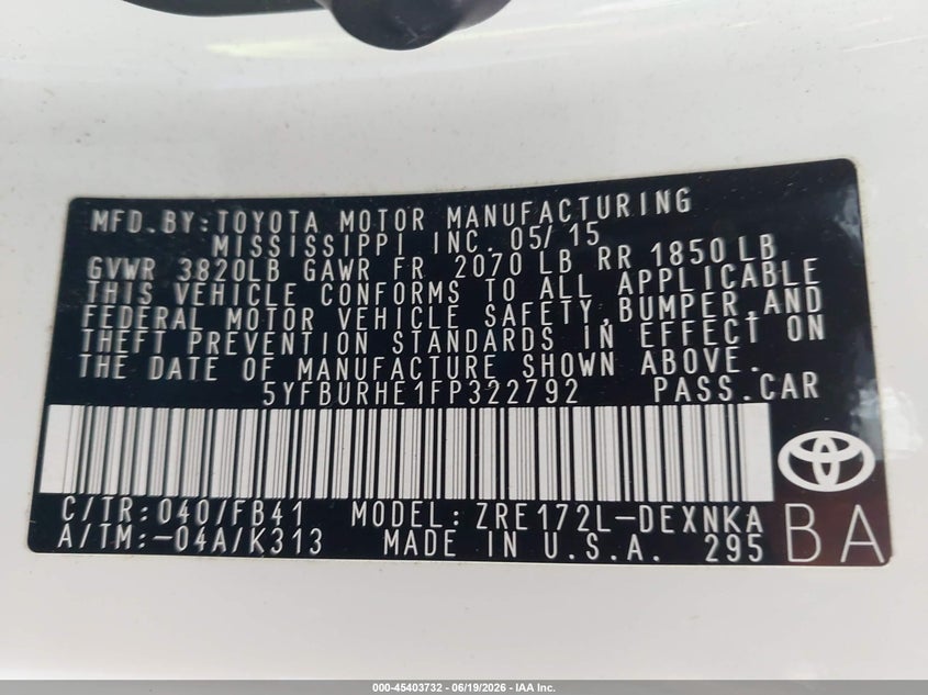 2015 Toyota Corolla VIN 5YFBURHE1FP322792 IAAI salvage auction — FRONT END, Salvage (California), sold $2,150 on 2026-07-10 (photo 9)