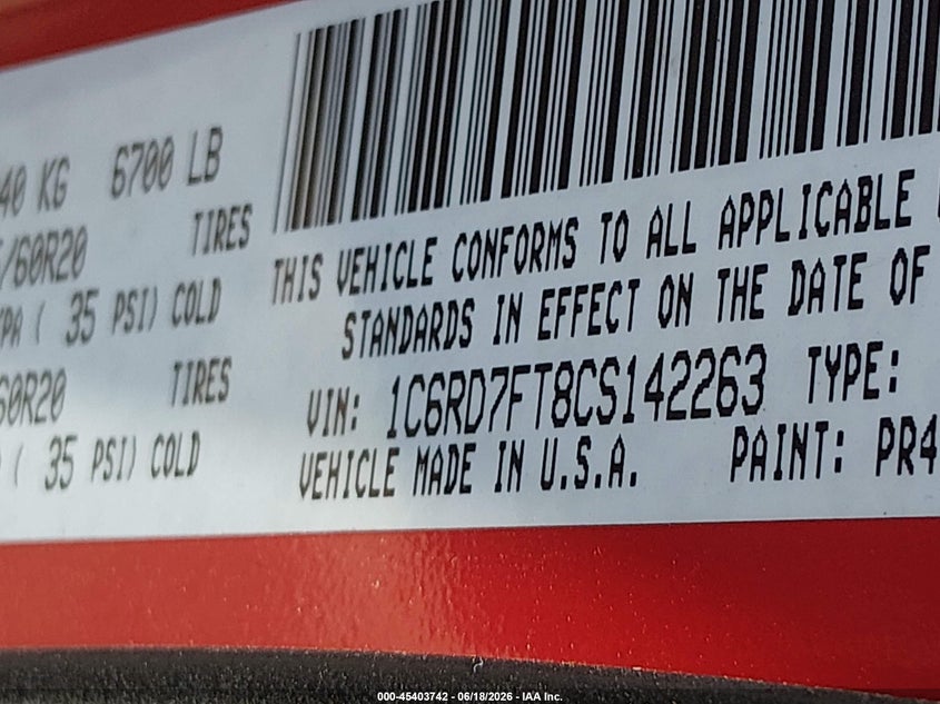 2012 Ram 1500 VIN 1C6RD7FT8CS142263 IAAI salvage auction — SIDE, Wait Title, sold $1,900 on 2026-08-13 (photo 9)