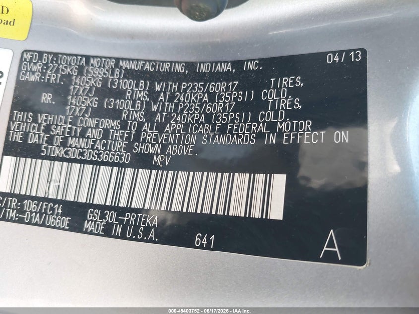 2013 Toyota Sienna VIN 5TDKK3DC3DS366630 IAAI salvage auction — RIGHT SIDE, Salvage (Texas), sold $2,300 on 2026-07-21 (photo 9)