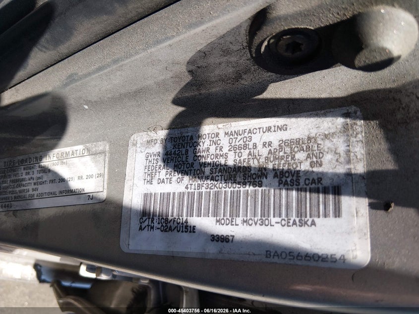 2003 Toyota Camry VIN 4T1BF32K03U058769 IAAI salvage auction — NORMAL WEAR, Clear - Dealer Only (California), sold $550 on 2026-07-09 (photo 9)
