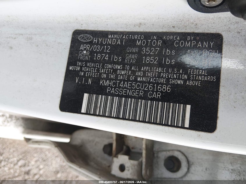 2012 Hyundai Accent VIN KMHCT4AE5CU261686 IAAI salvage auction — FRONT & REAR, Salvage (Idaho), sold $350 on 2026-07-13 (photo 9)