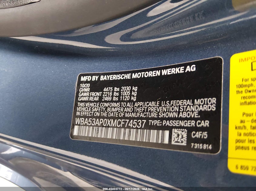 2021 BMW 4er VIN WBA53AP0XMCF74537 IAAI salvage auction — REAR END, Salvage Title, sold $11,200 on 2026-07-29 (photo 9)