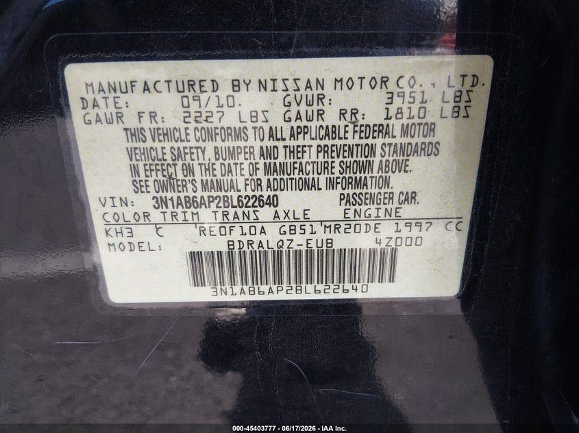 2011 Nissan Sentra VIN 3N1AB6AP2BL622640 IAAI salvage auction — FRONT END, Rebuildable (Florida), sold $250 on 2026-07-12 (photo 9)