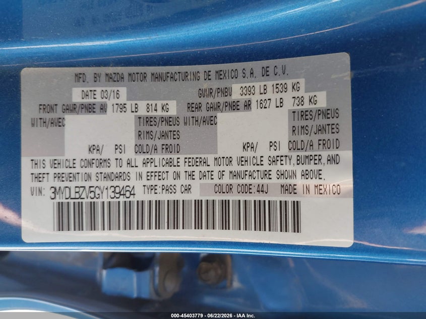 2016 Scion Ia VIN 3MYDLBZV5GY139464 IAAI salvage auction — SIDE, Salvage (Montana), sold $2,250 on 2026-07-16 (photo 9)