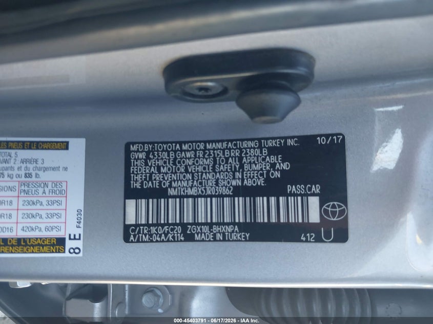 2018 Toyota C-hr VIN NMTKHMBX5JR039862 IAAI salvage auction — RIGHT FRONT, Salvage (Virginia), sold $2,900 on 2026-07-28 (photo 9)