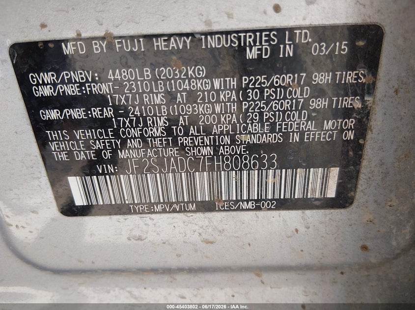 2015 Subaru Forester VIN JF2SJADC7FH808633 IAAI salvage auction — FRONT END, Salvage Title, sold $850 on 2026-07-15 (photo 9)