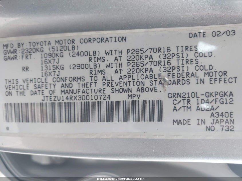 2003 Toyota 4runner VIN JTEZU14RX30010724 IAAI salvage auction — REAR END, Salvage (California), sold $2,150 on 2026-07-17 (photo 9)