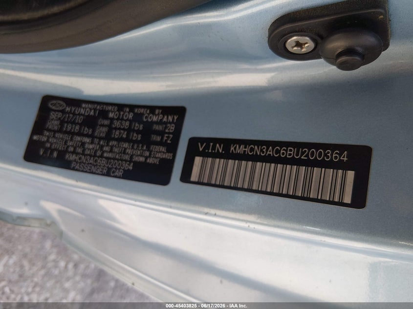 2011 Hyundai Accent VIN KMHCN3AC6BU200364 IAAI salvage auction — NORMAL WEAR, Original (Texas), sold $275 on 2026-07-06 (photo 9)