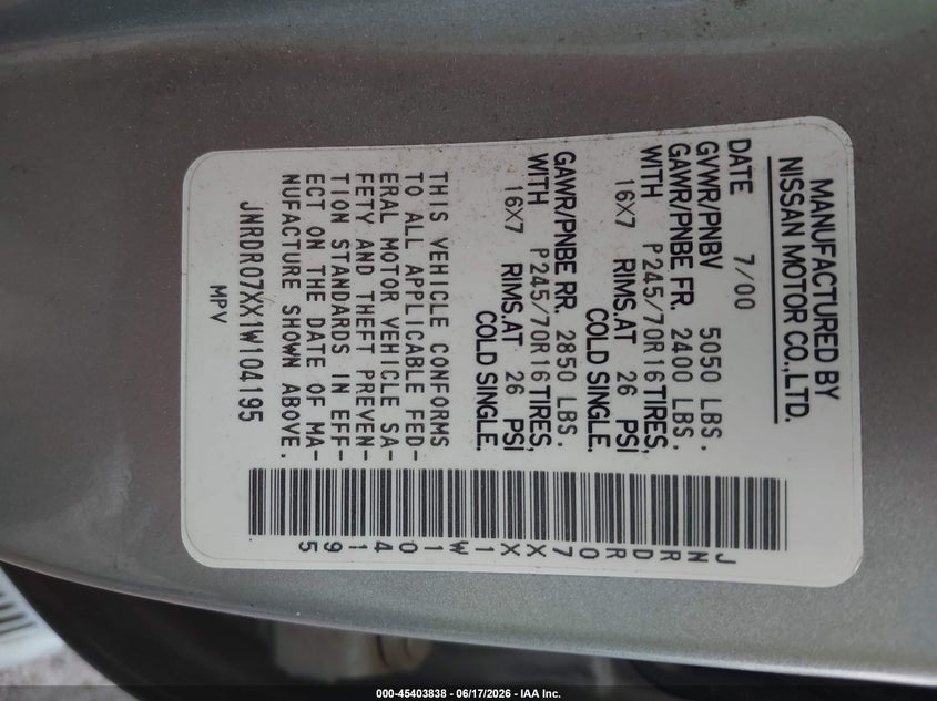2001 Infiniti Qx4 VIN JNRDR07XX1W104195 IAAI salvage auction — RIGHT SIDE, Clear (Alabama), sold $225 on 2026-07-15 (photo 9)