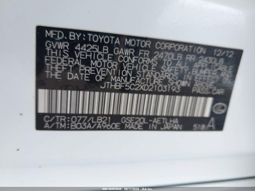 2013 Lexus Is VIN JTHBF5C2XD2103193 IAAI salvage auction — WATER/FLOOD, Salvage (Texas), sold $300 on 2026-07-22 (photo 9)