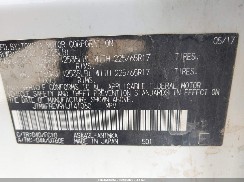 2017 Toyota Rav4 VIN JTMWFREV9HJ141060 IAAI salvage auction — FRONT END, Clear (Arizona), sold $5,650 on 2026-07-14 (photo 9)