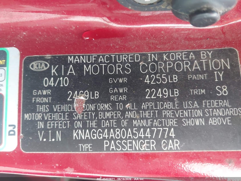 2010 Kia Optima VIN KNAGG4A80A5447774 IAAI salvage auction — FRONT END, Repossession Paperwork (Georgia), sold $375 on 2026-07-20 (photo 9)