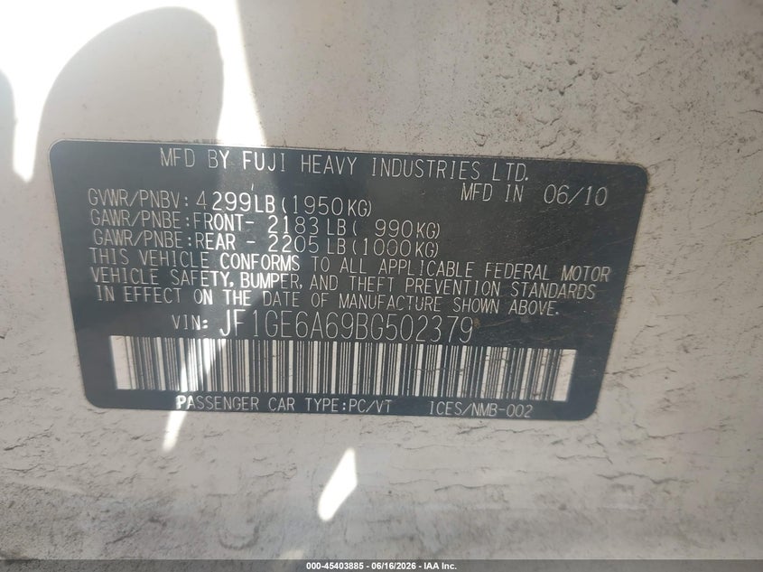 2011 Subaru Impreza VIN JF1GE6A69BG502379 IAAI salvage auction — NORMAL WEAR, Clear (New Jersey), sold $400 on 2026-07-09 (photo 9)