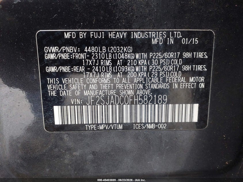 2015 Subaru Forester VIN JF2SJADC0FH582189 IAAI salvage auction — NORMAL WEAR, Clear (New Jersey), sold $1,975 on 2026-07-16 (photo 9)