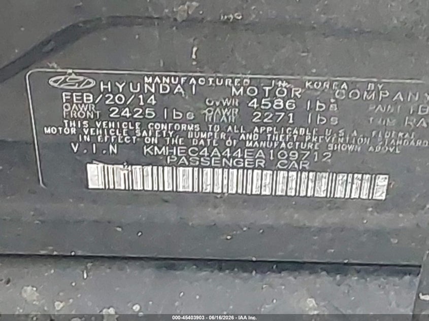 2014 Hyundai Sonata hybrid VIN KMHEC4A44EA109712 IAAI salvage auction — NORMAL WEAR, Repossession Paperwork (Georgia), sold $275 on 2026-07-22 (photo 9)