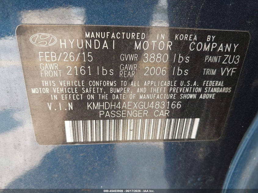 2016 Hyundai Elantra VIN KMHDH4AEXGU483166 IAAI salvage auction — NORMAL WEAR, Clear (Florida), sold $825 on 2026-07-23 (photo 9)