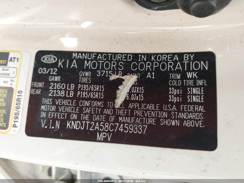 2012 Kia Soul VIN KNDJT2A58C7459337 IAAI salvage auction — SIDE, Clear (Florida), sold $375 on 2026-07-30 (photo 9)