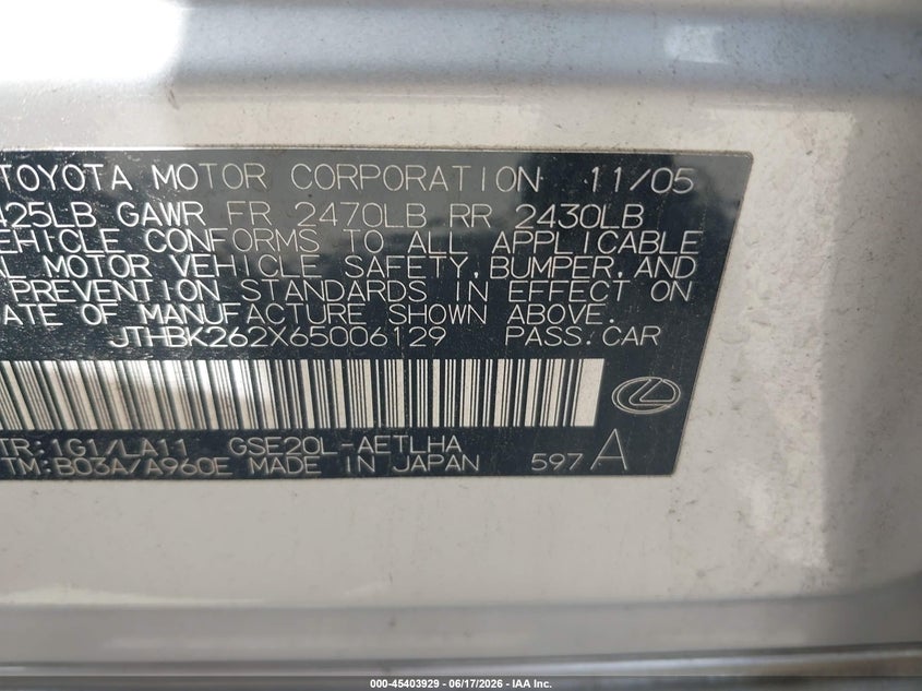 2006 Lexus Is 250 VIN JTHBK262X65006129 IAAI salvage auction — NORMAL WEAR, Original (Texas), sold $4,350 on 2026-07-06 (photo 9)