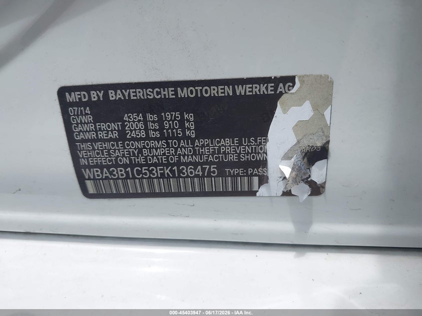 2015 BMW 3 series VIN WBA3B1C53FK136475 IAAI salvage auction — REAR END, Original (Texas), sold $875 on 2026-07-15 (photo 9)