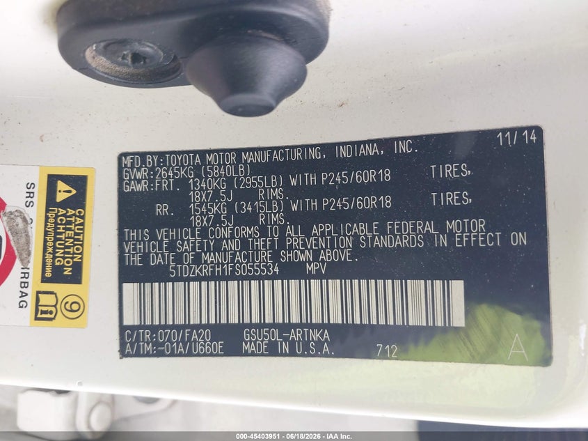 2015 Toyota Highlander VIN 5TDZKRFH1FS055534 IAAI salvage auction — Unknown, Original (Texas), sold $4,150 on 2026-07-09 (photo 9)