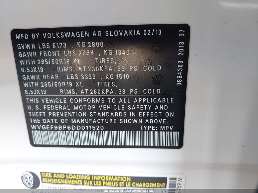 2013 Volkswagen Touareg VIN WVGEF9BP6DD011520 IAAI salvage auction — FRONT END, Clear (Arizona), sold $1,150 on 2026-07-28 (photo 9)