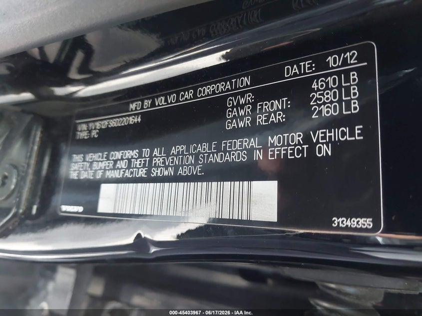2013 Volvo S60 VIN YV1612FS6D2201644 IAAI salvage auction — LEFT FRONT, Salvage Title, sold $375 on 2026-07-20 (photo 9)