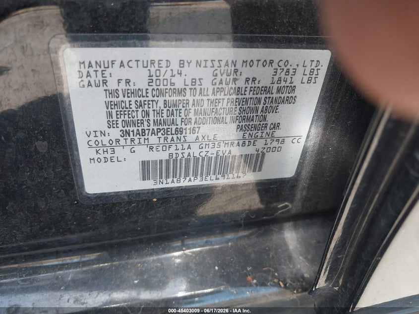 2014 Nissan Sentra VIN 3N1AB7AP3EL691167 IAAI salvage auction — REAR END, Salvage Title, sold $975 on 2026-07-24 (photo 9)