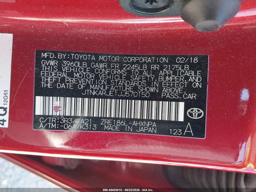 2018 Toyota Corolla VIN JTNKARJE1JJ570150 IAAI salvage auction — NORMAL WEAR, Clear (Washington), sold $1,550 on 2026-07-15 (photo 9)