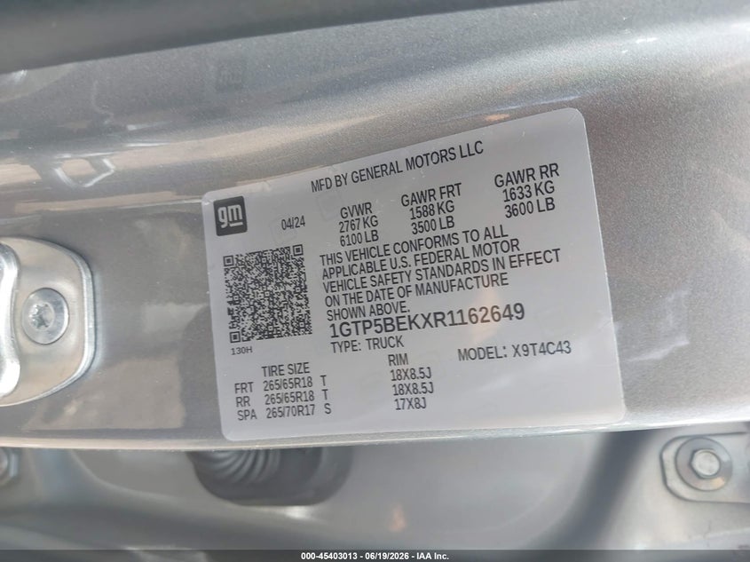 2024 Gmc Canyon VIN 1GTP5BEKXR1162649 IAAI salvage auction — SIDE, Salvage Title, sold $11,275 on 2026-08-19 (photo 9)