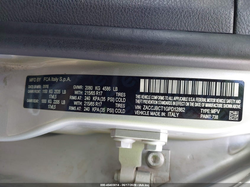 2016 Jeep Renegade VIN ZACCJBCT1GPD12862 IAAI salvage auction — REAR END, Salvage Title, sold $500 on 2026-07-28 (photo 9)