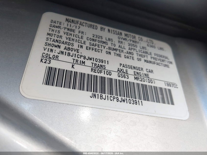 2018 Nissan VIN JN1BJ1CP9JW103911 IAAI salvage auction — FRONT & REAR, Salvage Title, sold $25 on 2026-07-29 (photo 9)