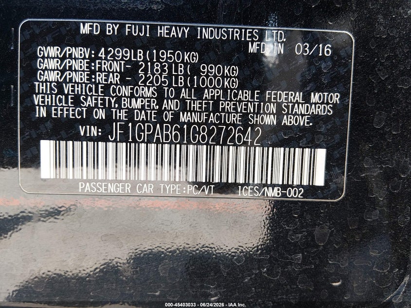 2016 Subaru Impreza VIN JF1GPAB61G8272642 IAAI salvage auction — FRONT END, Salvage Title, sold $350 on 2026-07-27 (photo 9)