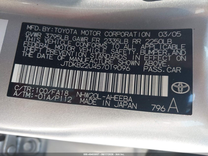 2005 Toyota Prius VIN JTDKB22U457019096 IAAI salvage auction — THEFT, Clear - Dealer Only (California), sold $1,100 on 2026-07-23 (photo 9)