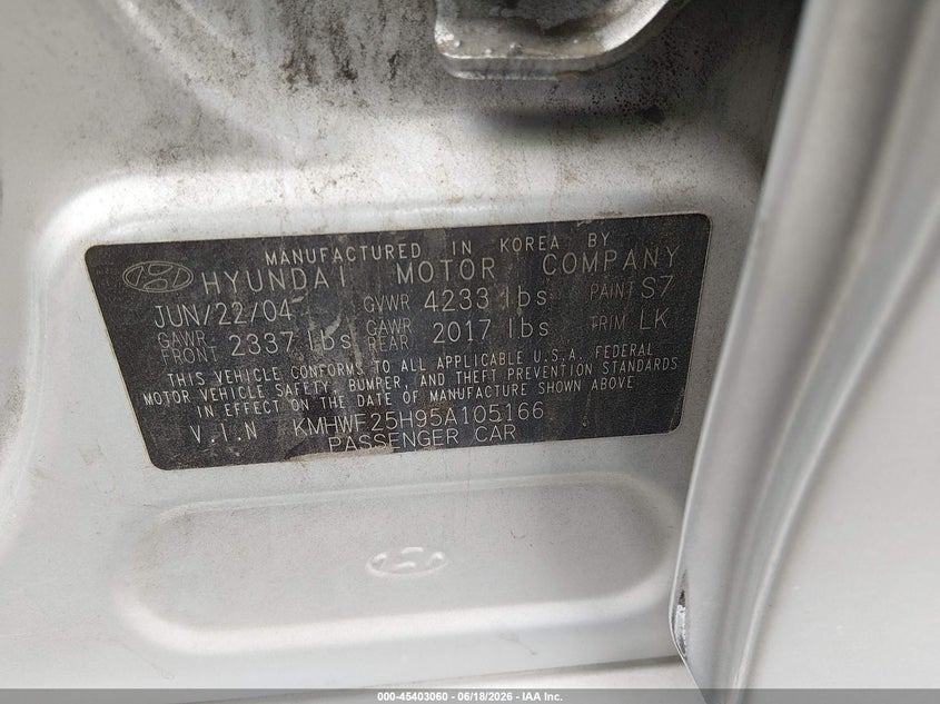 2005 Hyundai Sonata VIN KMHWF25H95A105166 IAAI salvage auction — RIGHT FRONT, Salvage Certificate (California), sold $250 on 2026-07-10 (photo 9)