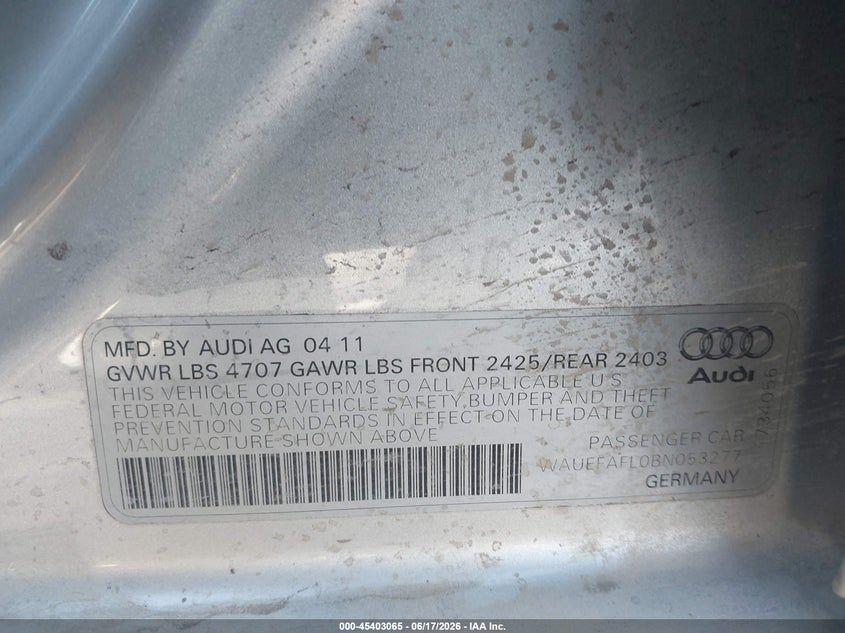 2011 Audi A4 VIN WAUEFAFL0BN053277 IAAI salvage auction — REAR END, Salvage (Arizona), sold $650 on 2026-07-07 (photo 9)